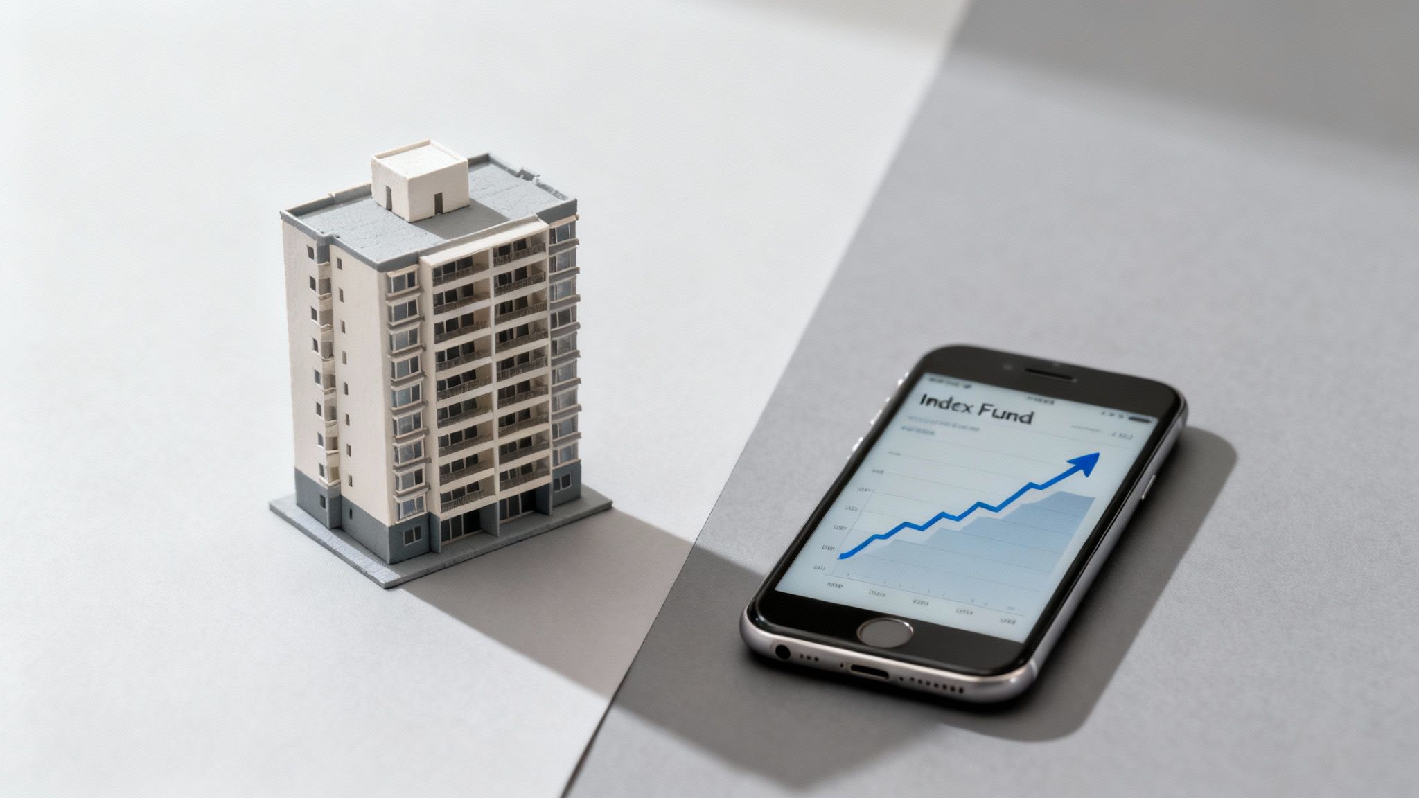 A miniature building model next to a smartphone displaying an upward trend in an index fund chart.