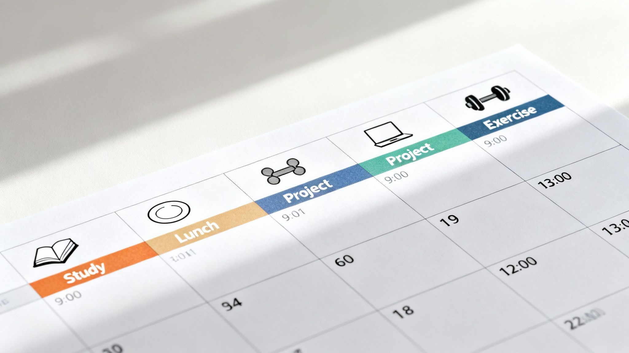 A close-up of a daily planner showing various scheduled activities and times.