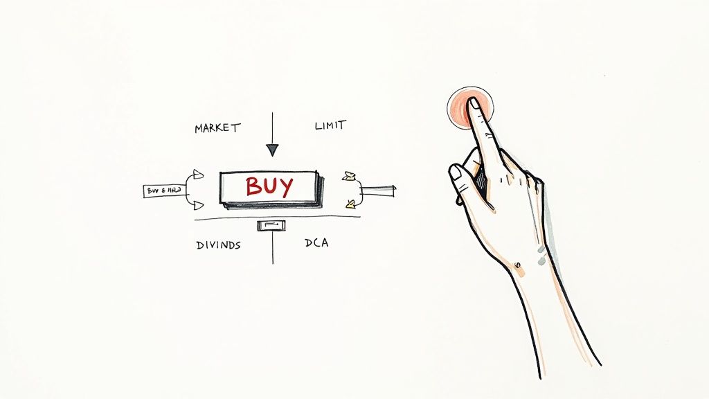 Hand pressing buy button with market and limit order options for stock trading illustration