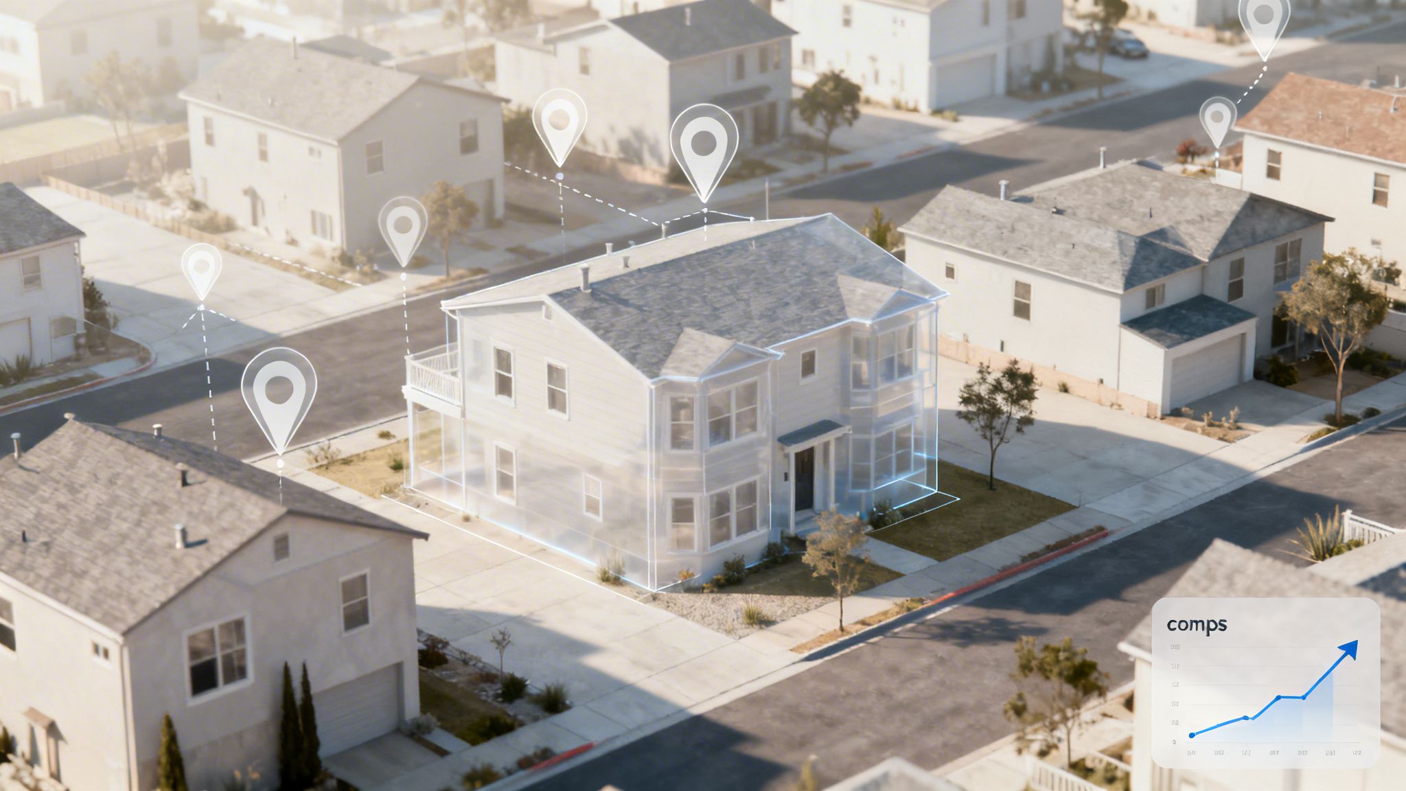 Overhead shot of a digital real estate analysis showing a target house, comparable properties, and market trends.