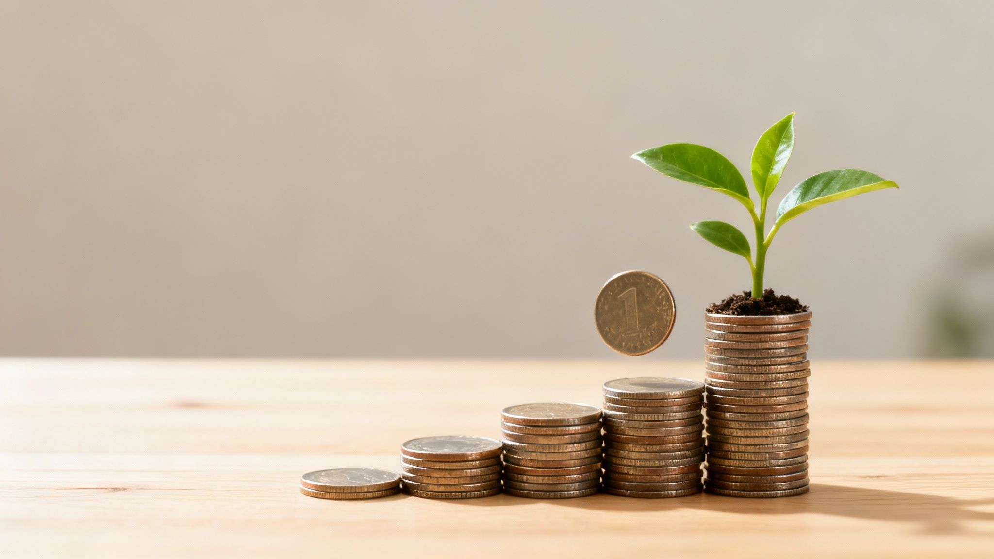 Graduated stacks of coins with a small green plant and a levitating coin, symbolizing financial growth.