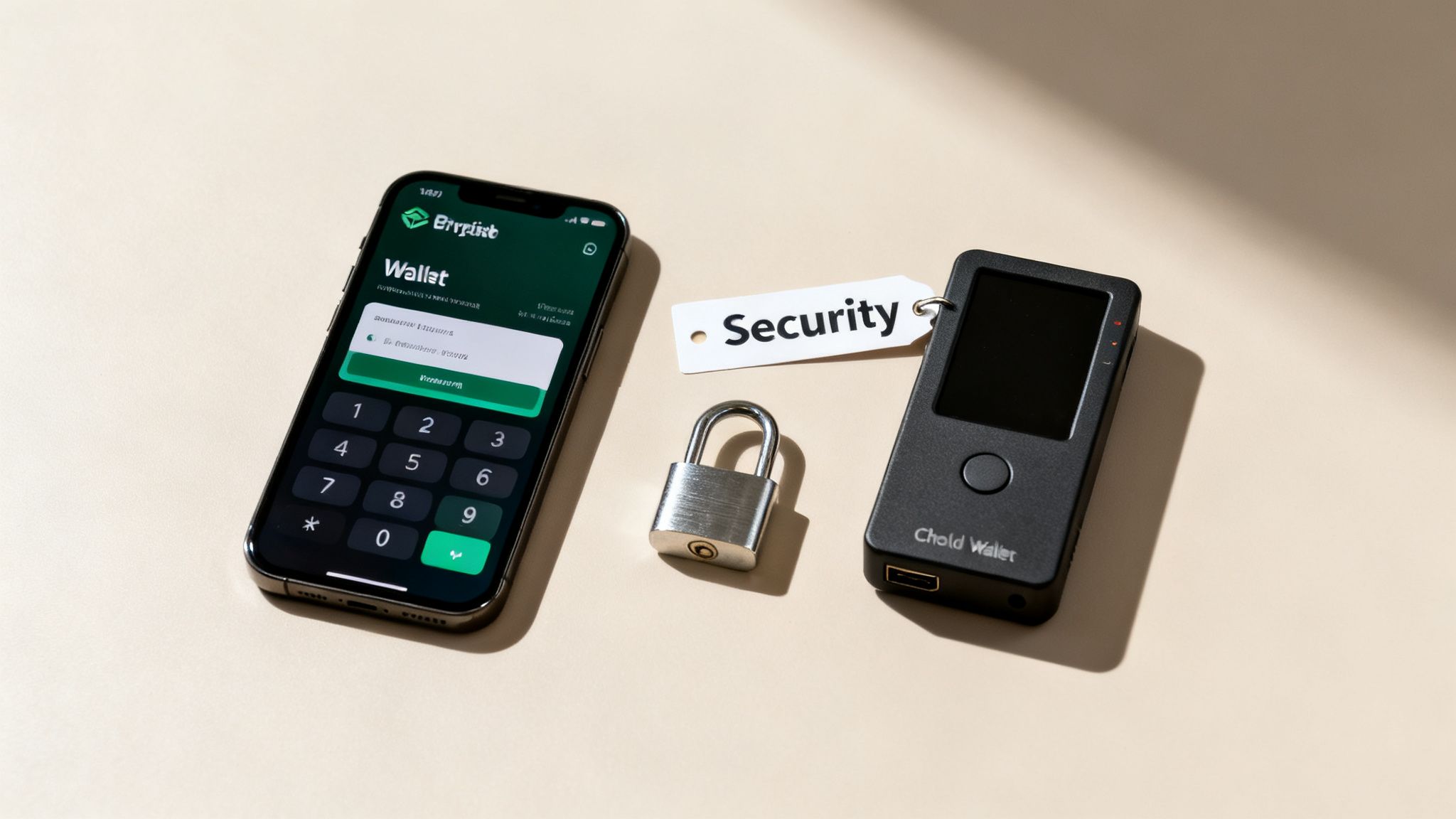 A smartphone with a cryptocurrency wallet app, a hardware wallet, a padlock, and a 'Security' tag.