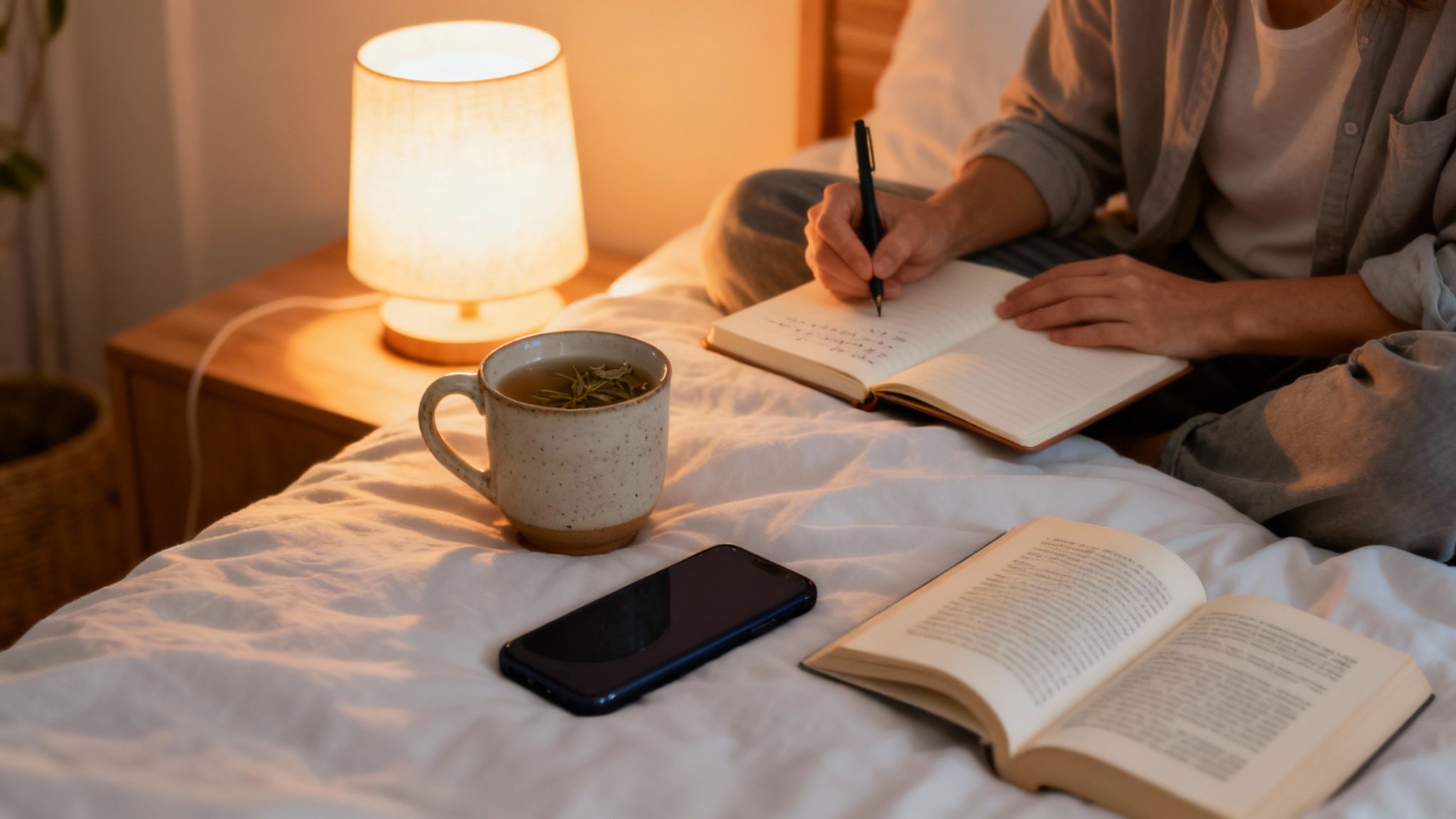 A person writing in a journal in bed, with a warm cup of tea and a book nearby.