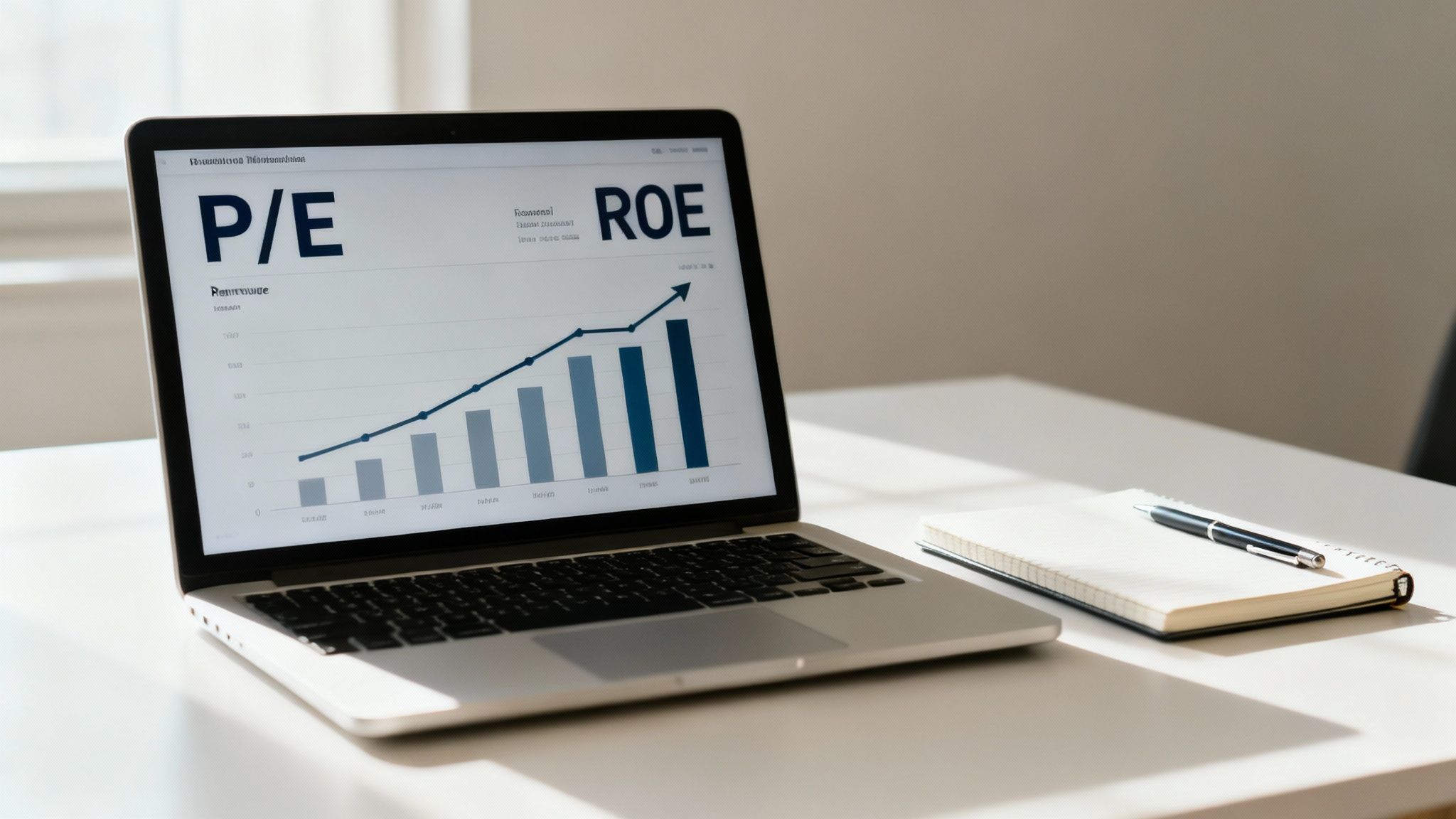 Laptop displaying financial charts (P/E, ROE) on a white desk with a notebook and pen.