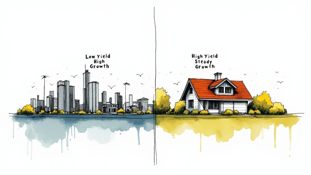 A row of modern townhouses in a suburban neighborhood, representing different market types for real estate investment.