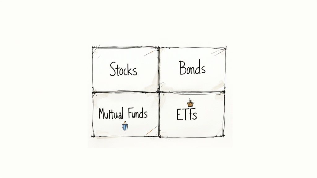 A hand-drawn grid illustrating four types of investments: Stocks, Bonds, Mutual Funds, and ETFs.