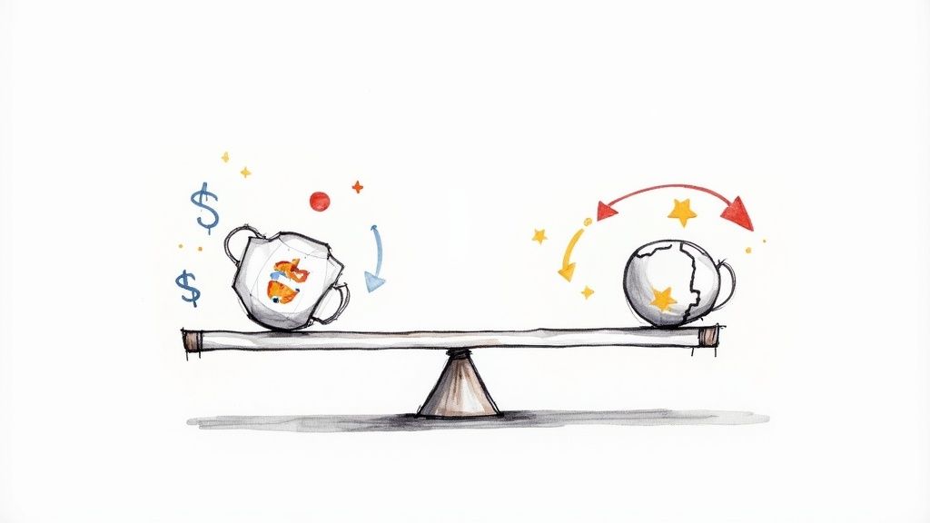 An investor looking at a complex chart with a clear, calm expression, symbolizing strategic navigation of volatile markets.