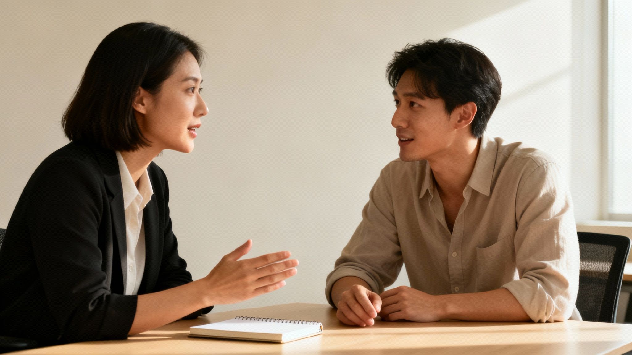 Two professionals, a man and a woman, engaged in a focused business discussion at a desk.