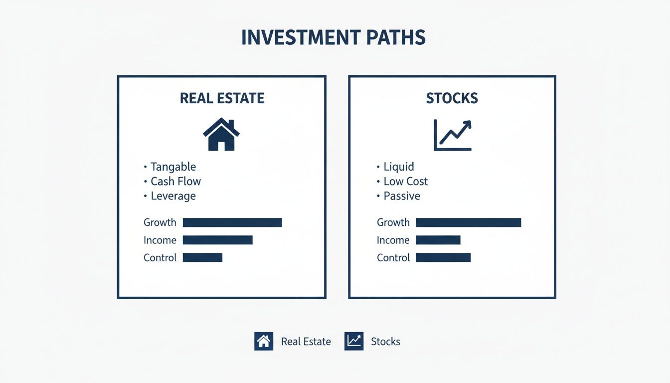 A chart comparing investment paths: Real Estate vs. Stocks, detailing features and performance metrics.
