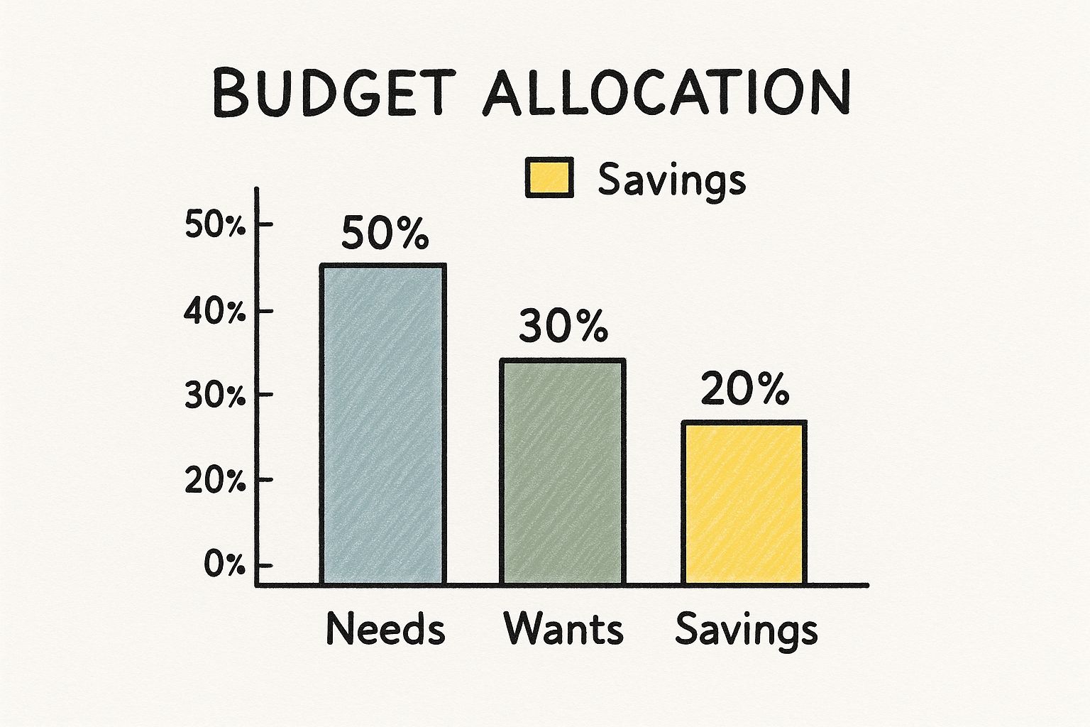 Infographic showing a 50/30/20 budget split for Needs, Wants, and Savings.