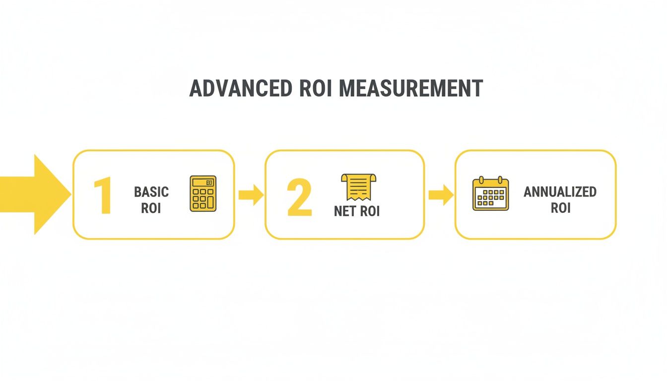 Flowchart showing advanced ROI measurement steps: Basic ROI, Net ROI, and Annualized ROI.