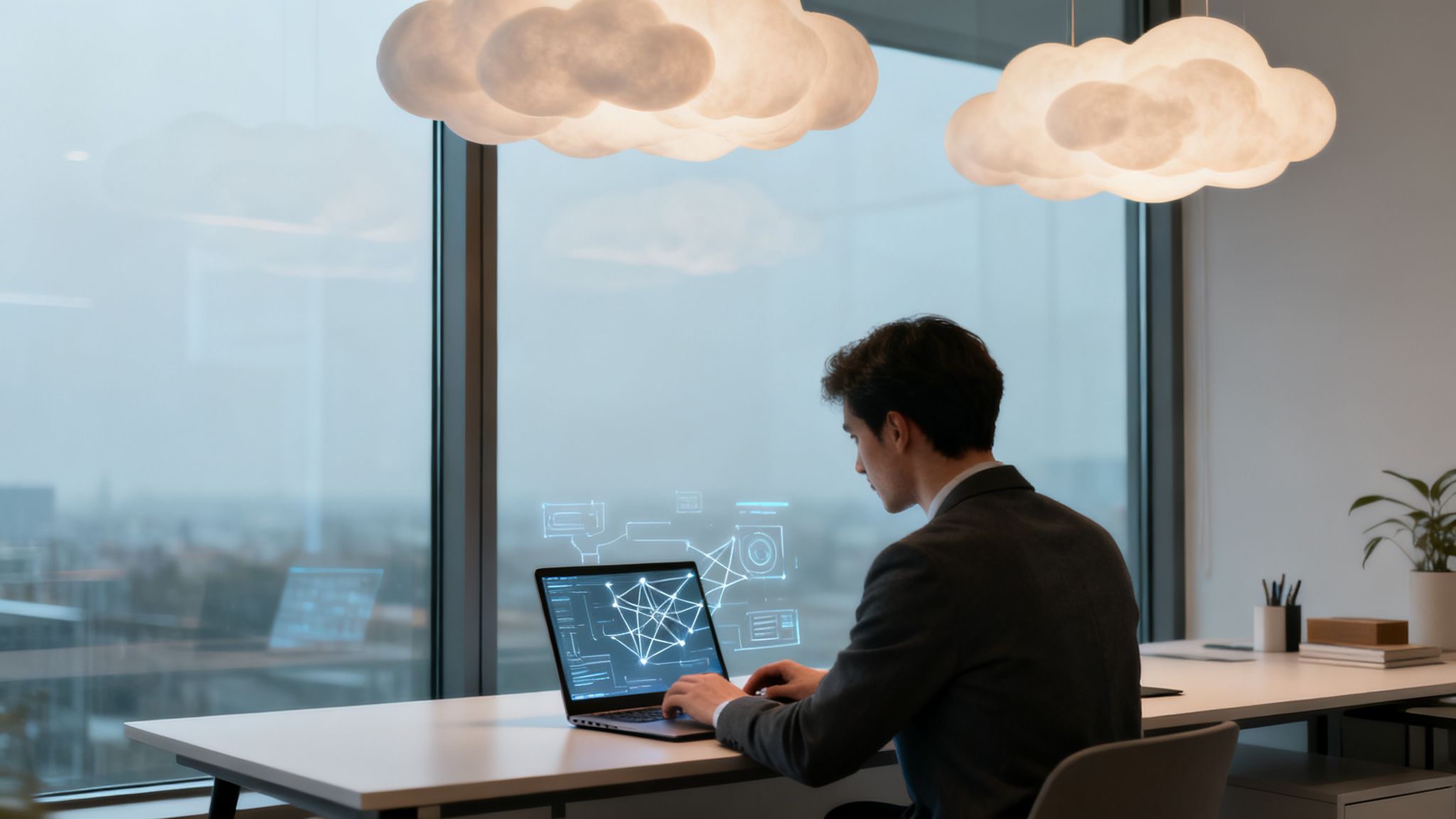 Man works on laptop with AI visuals and holographic data in a modern office.