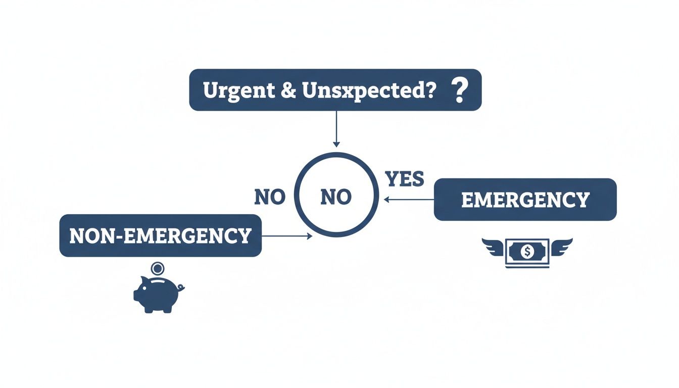 A flowchart illustrating how to define financial emergencies: urgent and unexpected expenses versus non-emergencies.