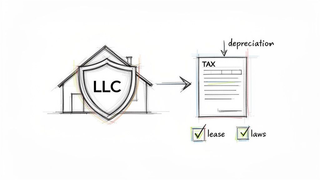 Sketch illustrating a rental property protected by an LLC, showing tax implications like depreciation and legal compliance.