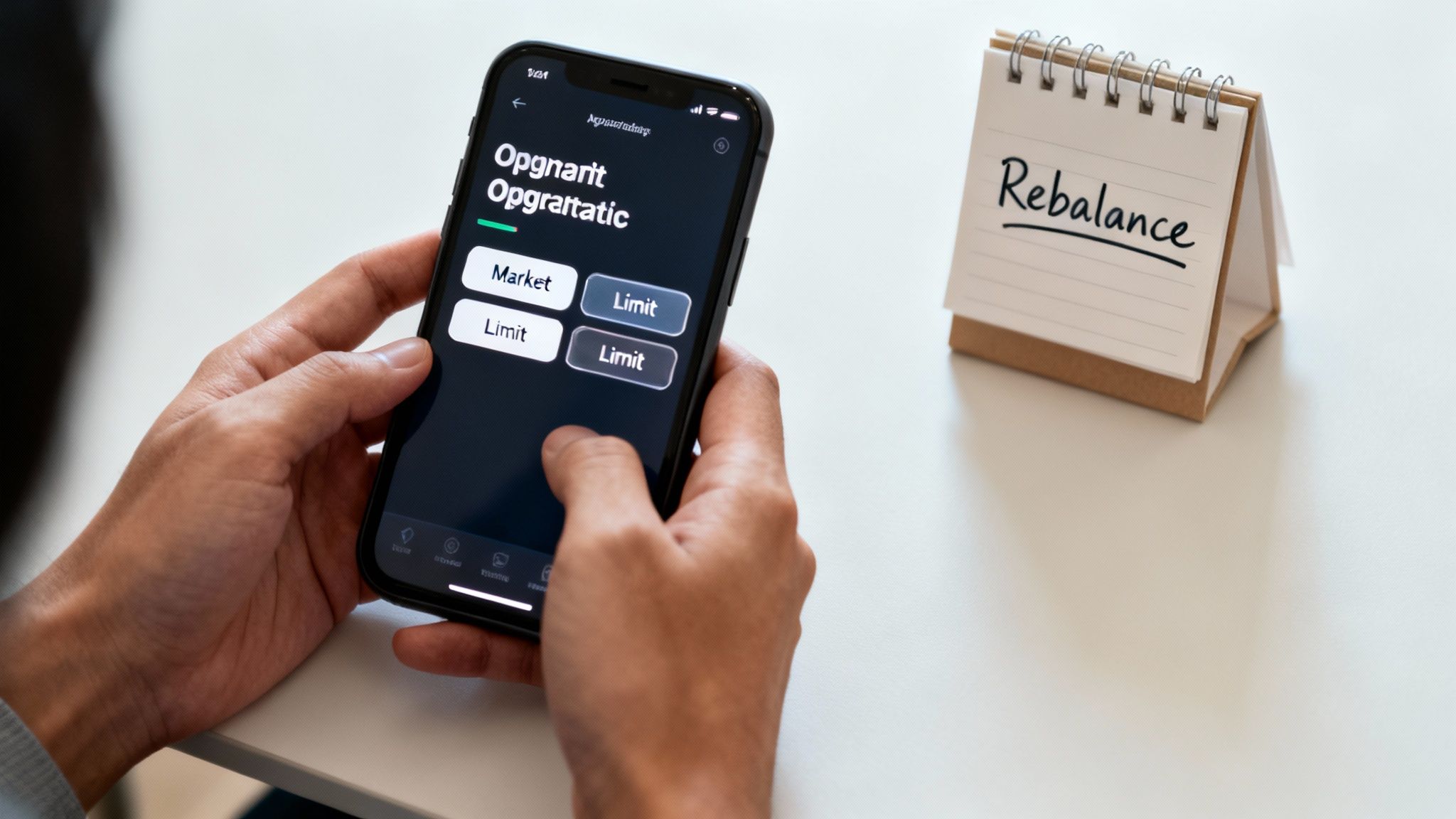 A person uses a financial trading app on a smartphone, next to a calendar with 'Rebalance' written on it.