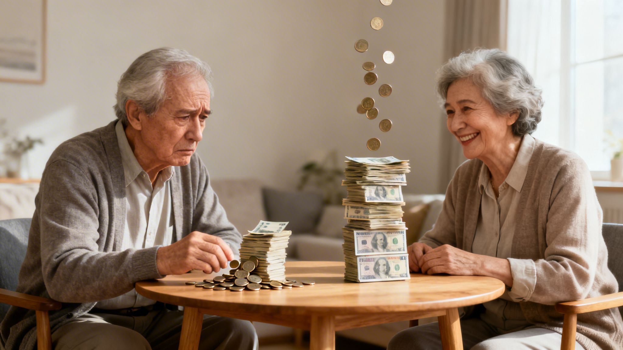 An elderly man looks sad at his small savings while a smiling elderly woman receives more money and coins.