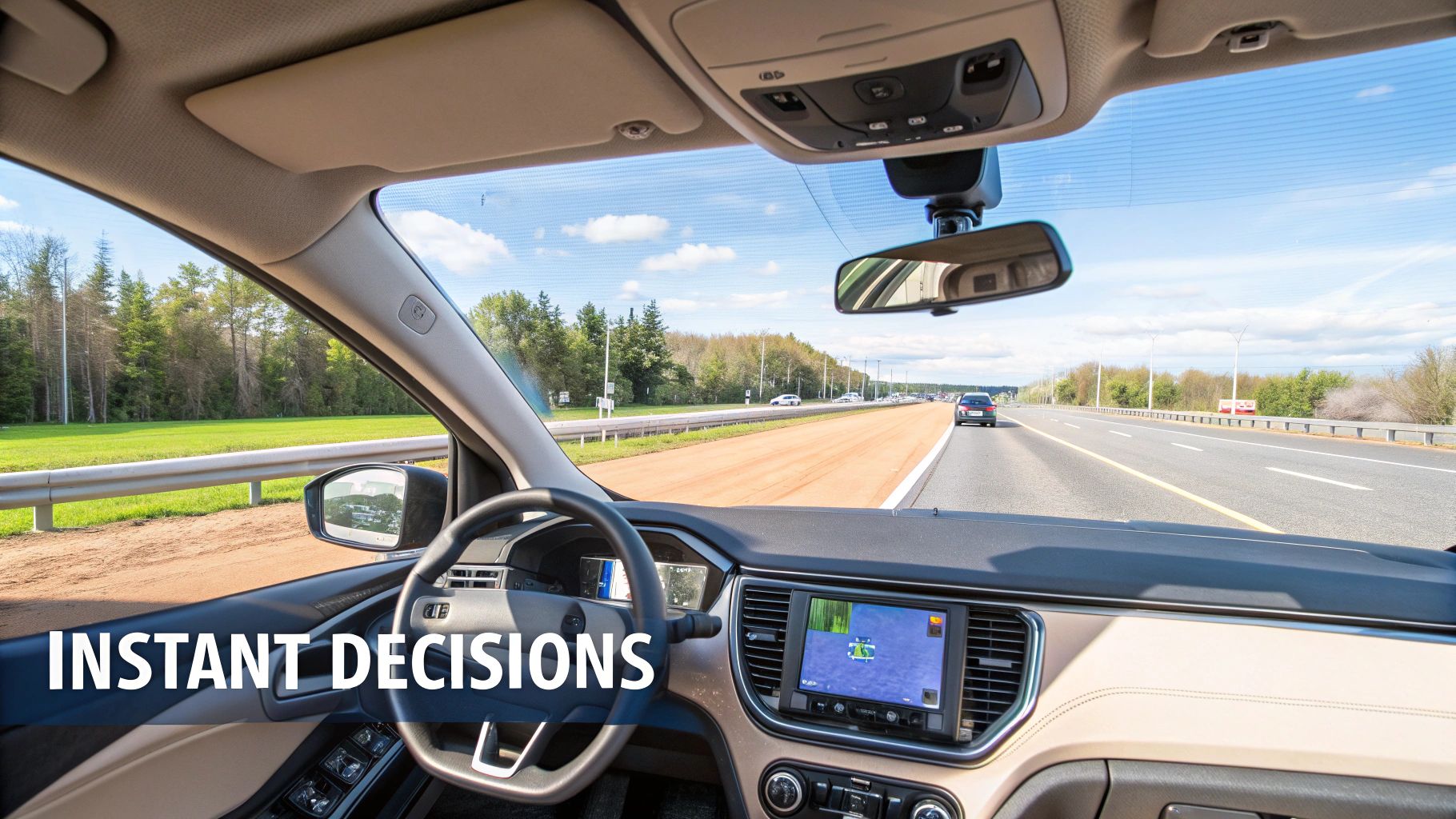 View from inside a car driving on a multi-lane highway, showing the steering wheel and a navigation screen.