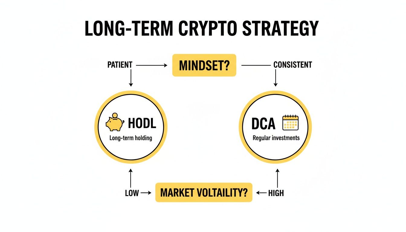 A flowchart detailing a long-term crypto strategy, featuring HODL and DCA based on mindset and market volatility.
