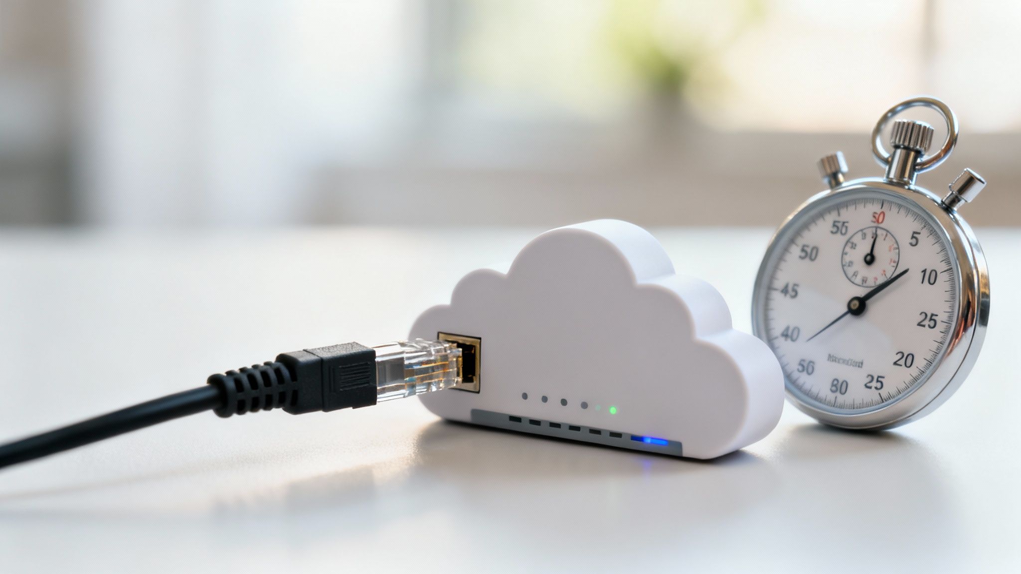 An Ethernet cable plugged into a cloud-shaped network device next to a stopwatch, symbolizing fast cloud services.