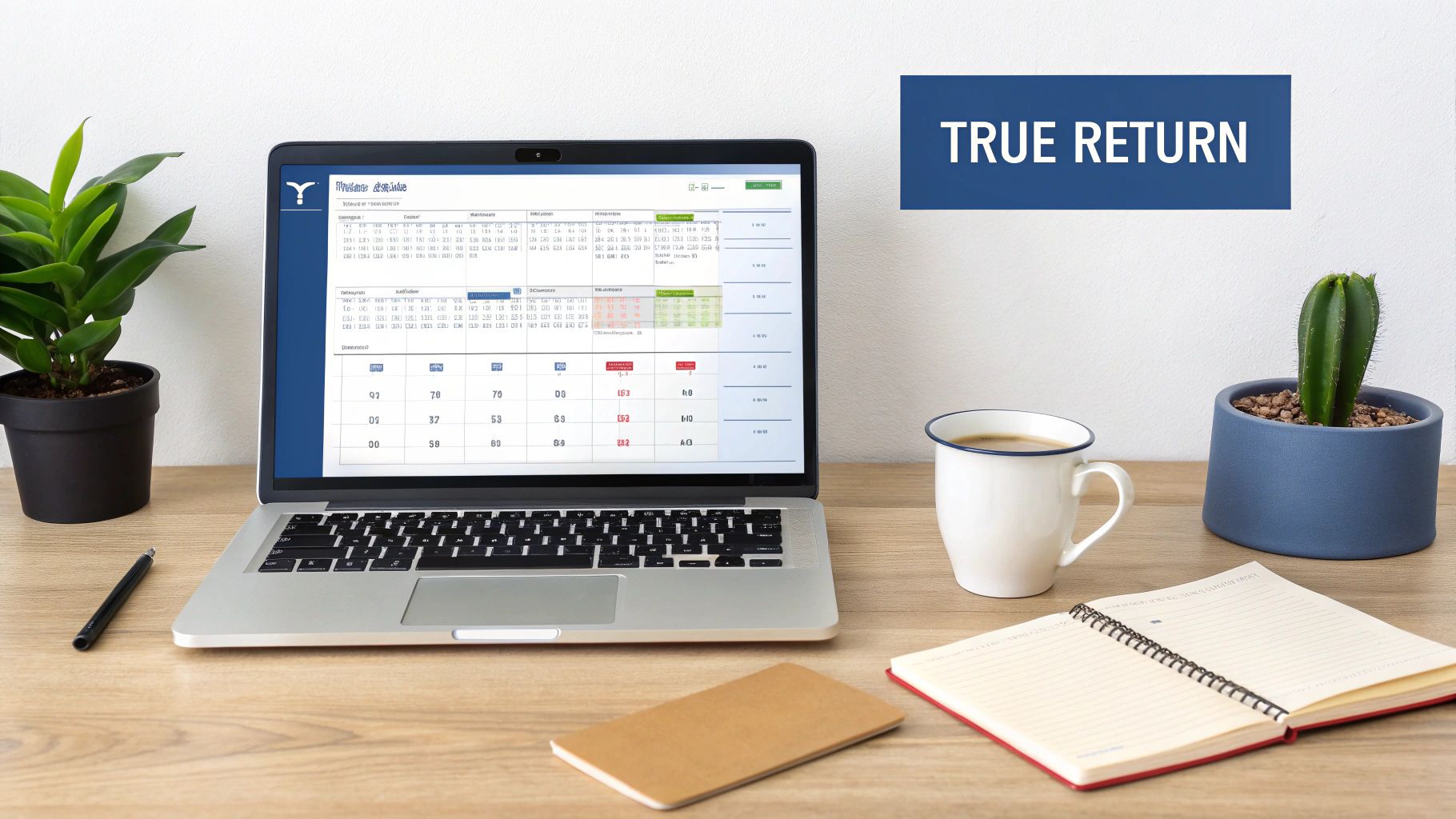 Laptop displaying financial spreadsheets and a 'TRUE RETURN' banner on a modern wooden desk.