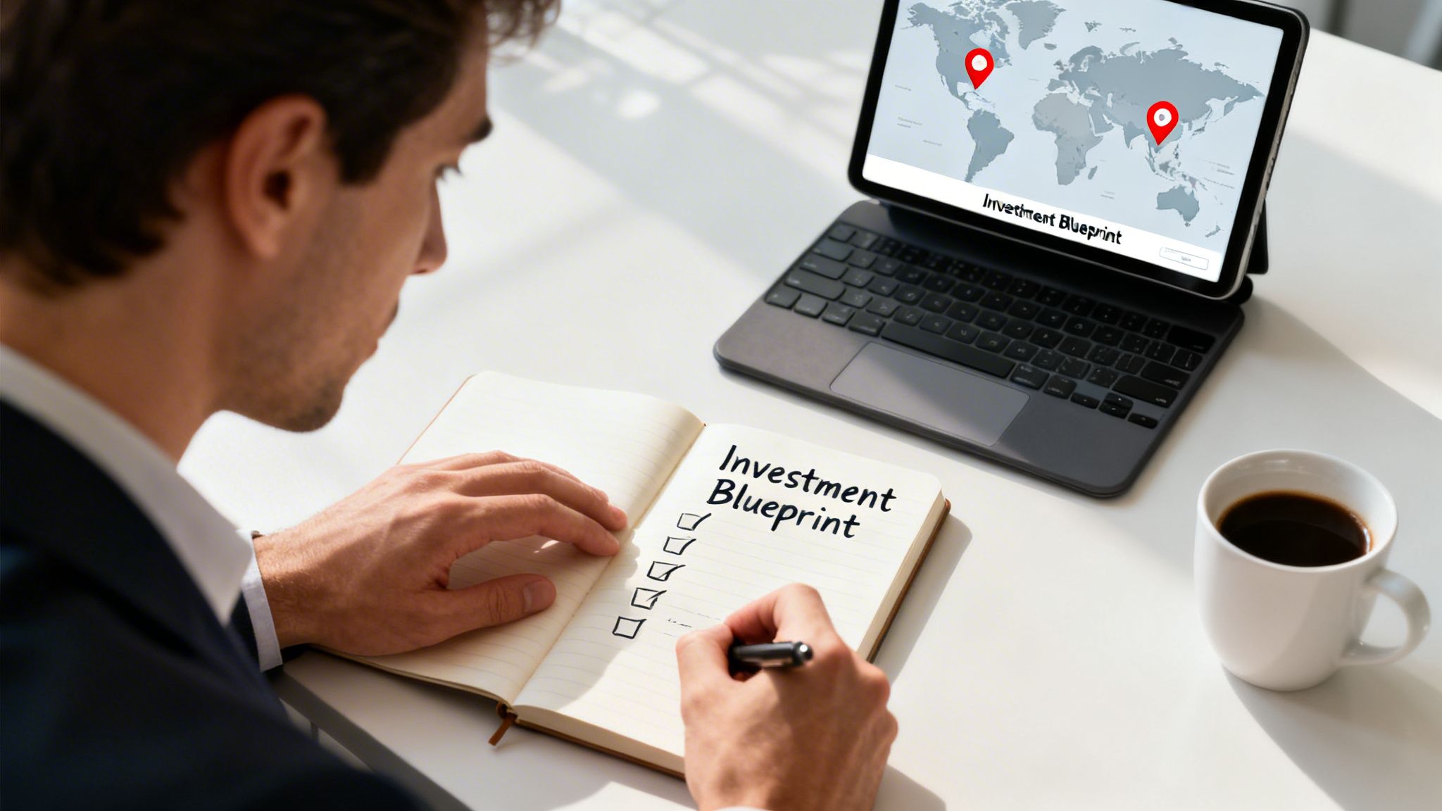 Man writing 'Investment Blueprint' in a notebook while looking at a tablet displaying a world map with investment locations.