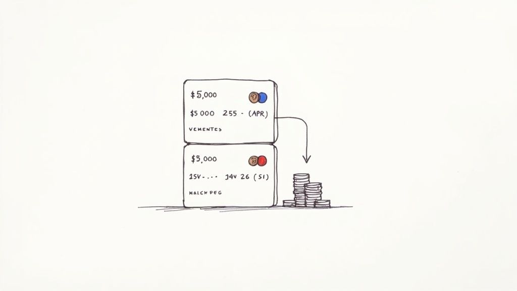 Illustration of two credit cards displaying financial details like balances and APR, with an arrow pointing to stacked coins.