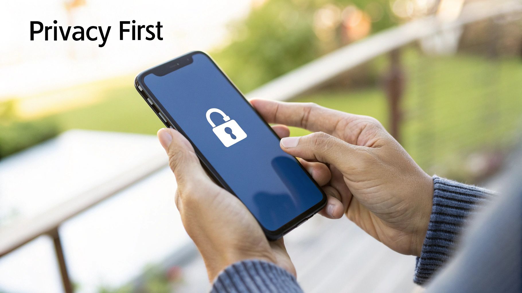 Hands holding a smartphone displaying a white padlock icon on a blue screen, with 'Privacy First' text.