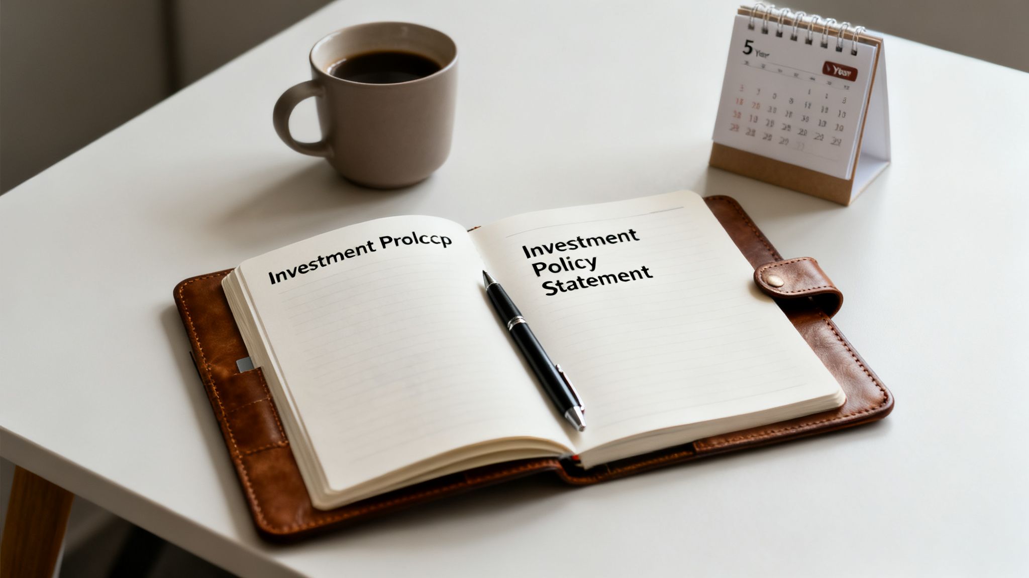 An open notebook on a white desk displays 'Investment Policy Statement', with a pen, coffee, and calendar.