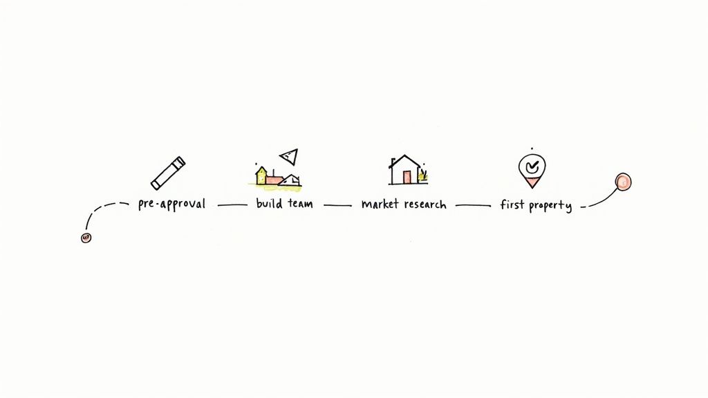 A hand-drawn flowchart illustrating the five steps to acquiring a first property, including pre-approval and market research.
