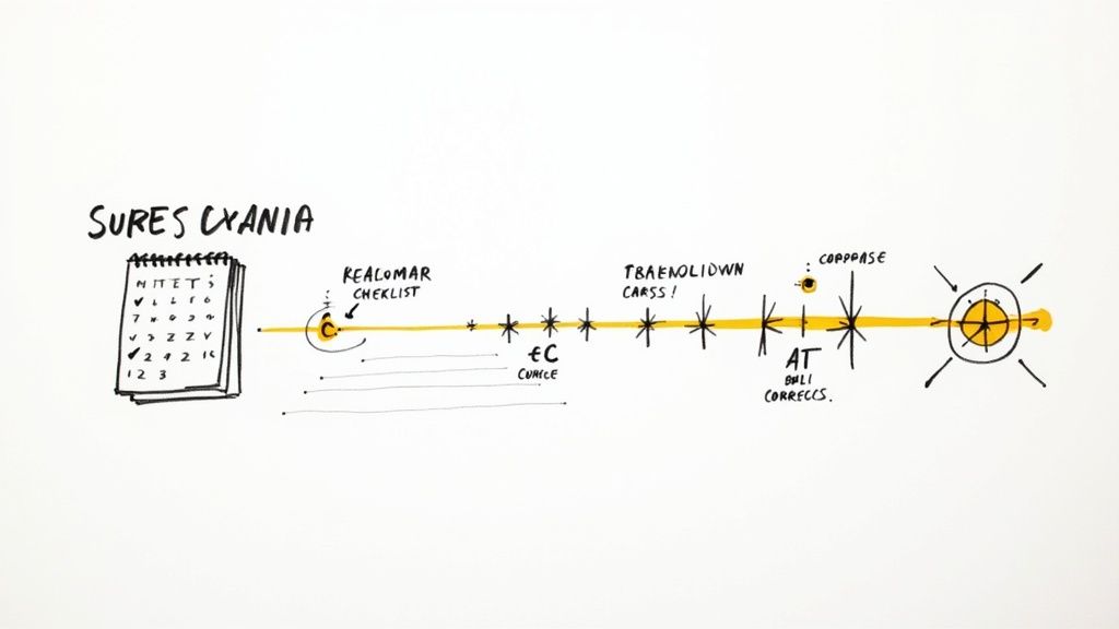 A hand-drawn diagram illustrating a complex process or timeline with various labeled stages and symbols.