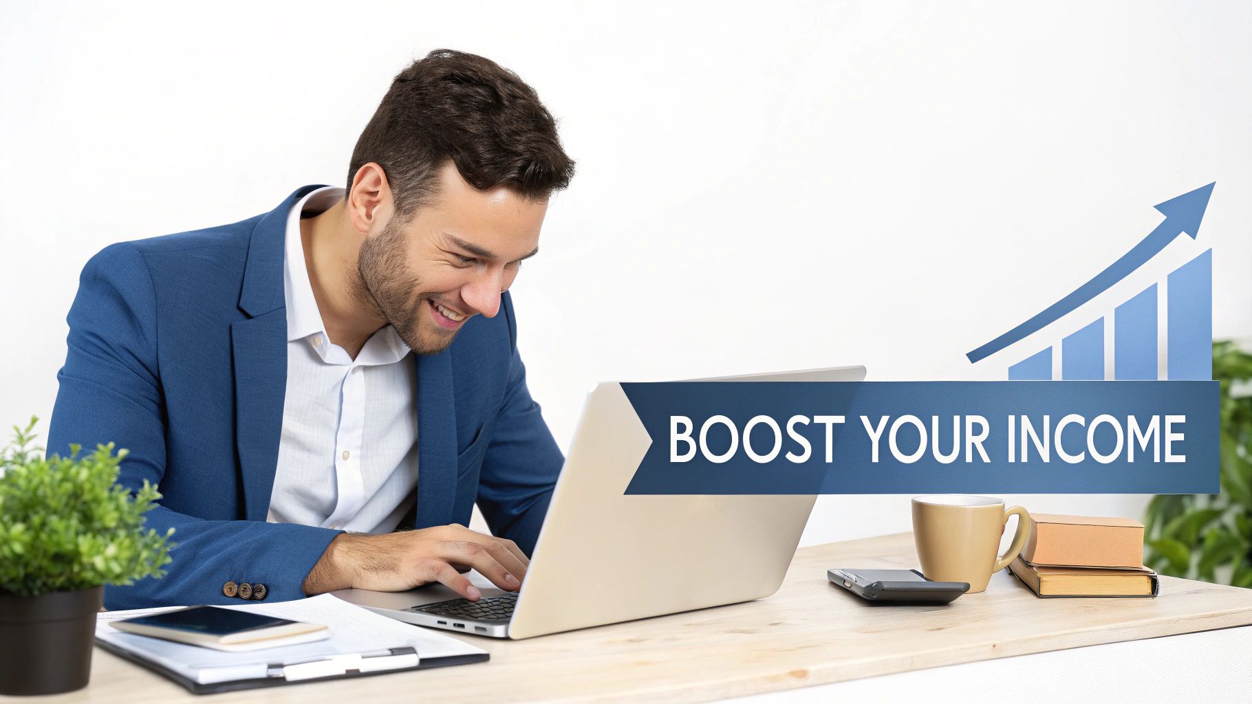 A smiling man works on a laptop at a desk with a 'Boost Your Income' banner and a rising bar chart graphic.