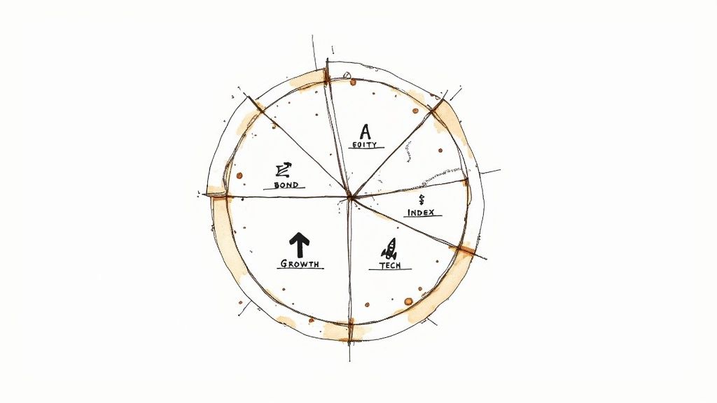 A diverse group of people looking at a large pie chart representing different mutual fund types.