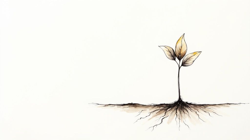 A sapling growing from a pile of gold coins, symbolizing the growth of an investment over time.