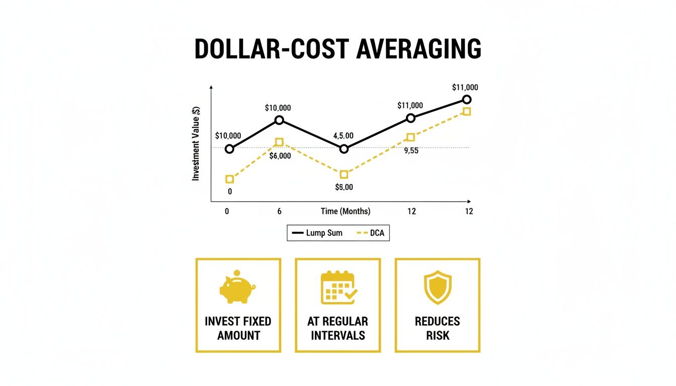 Graph comparing Dollar-Cost Averaging (DCA) and Lump Sum investment strategies, highlighting DCA benefits like fixed amounts and risk reduction.