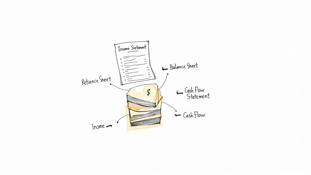 A financial diagram showing connections between an Income Statement, Balance Sheet, Cash Flow, and a stack of money.