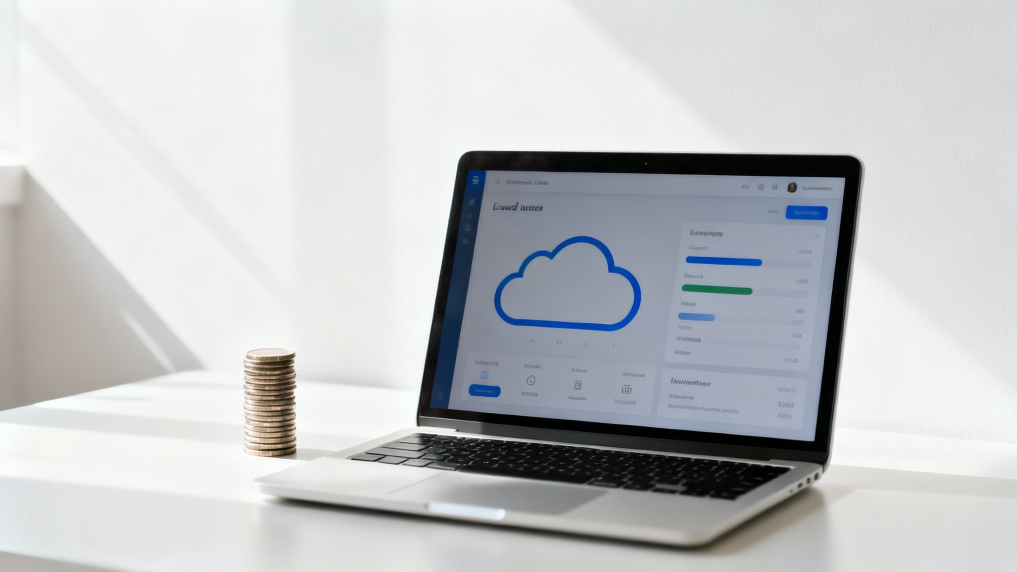 A laptop shows a cloud storage interface next to a stack of coins on a minimalist white desk.