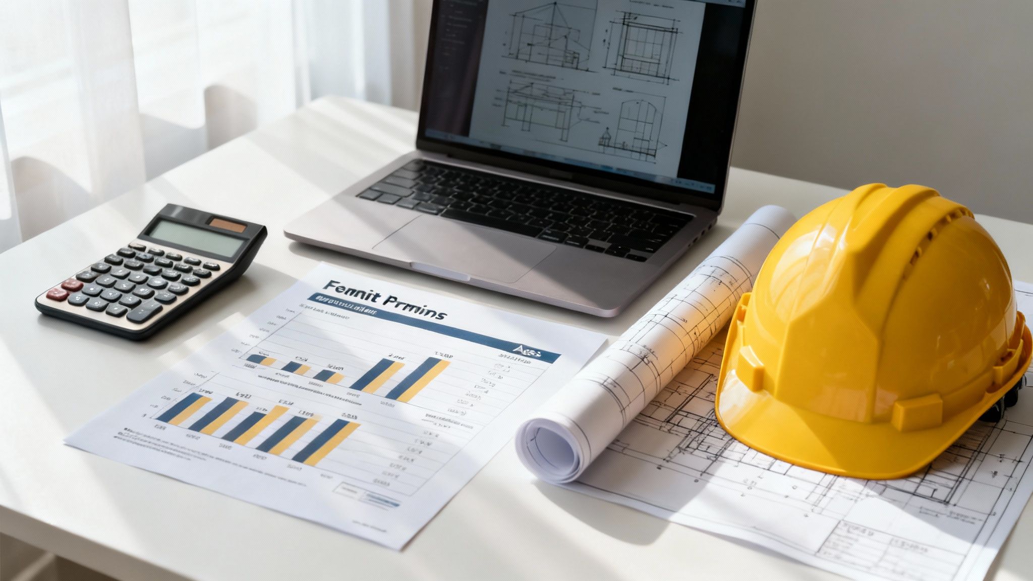 A close-up of a construction professional's desk with laptop, hard hat, blueprints, and financial documents.