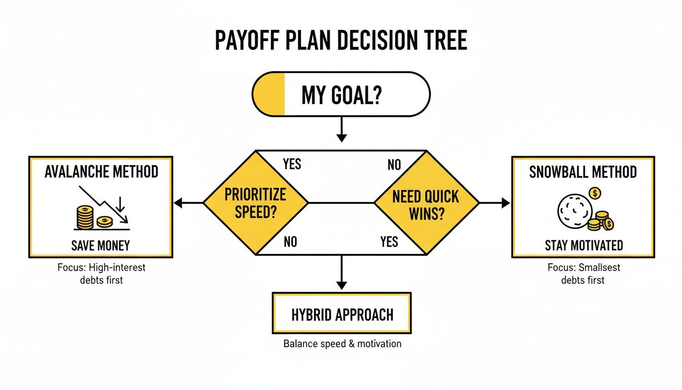 A payoff plan decision tree illustrating Avalanche, Snowball, and Hybrid debt repayment methods.