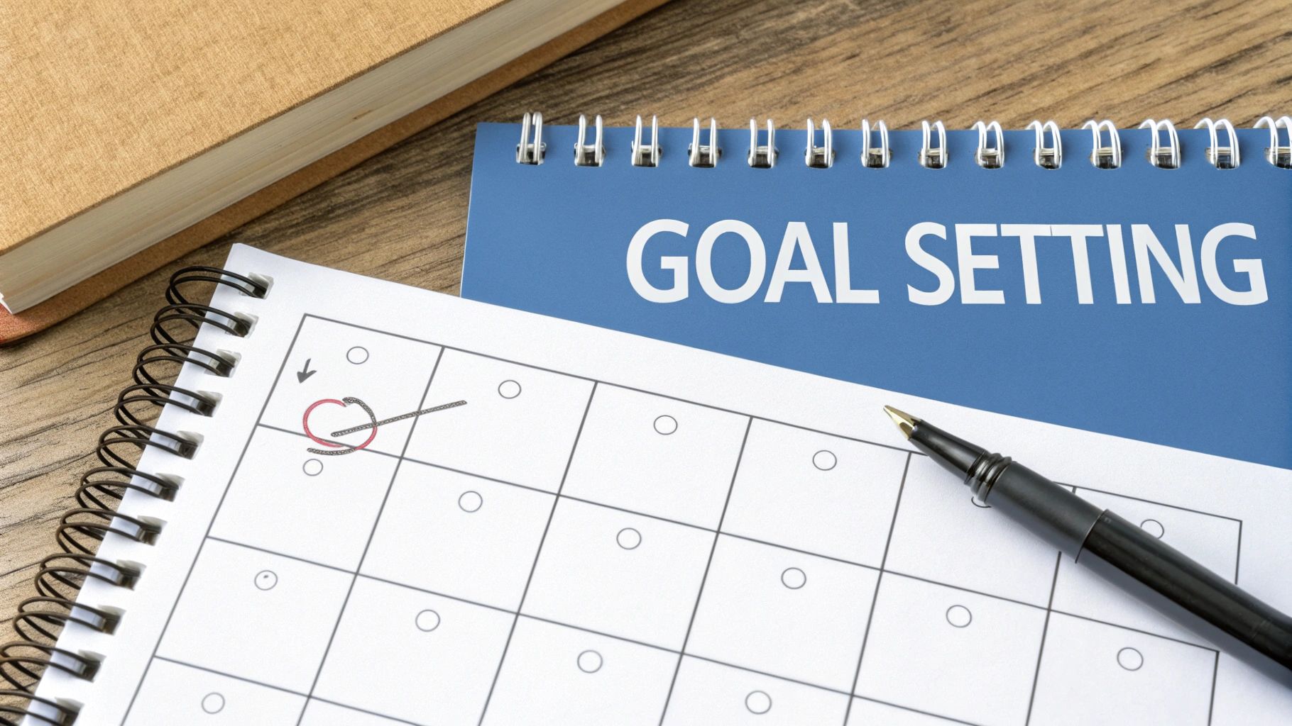 A spiral-bound notebook with 'GOAL SETTING' written on it, a calendar page, and a pen.