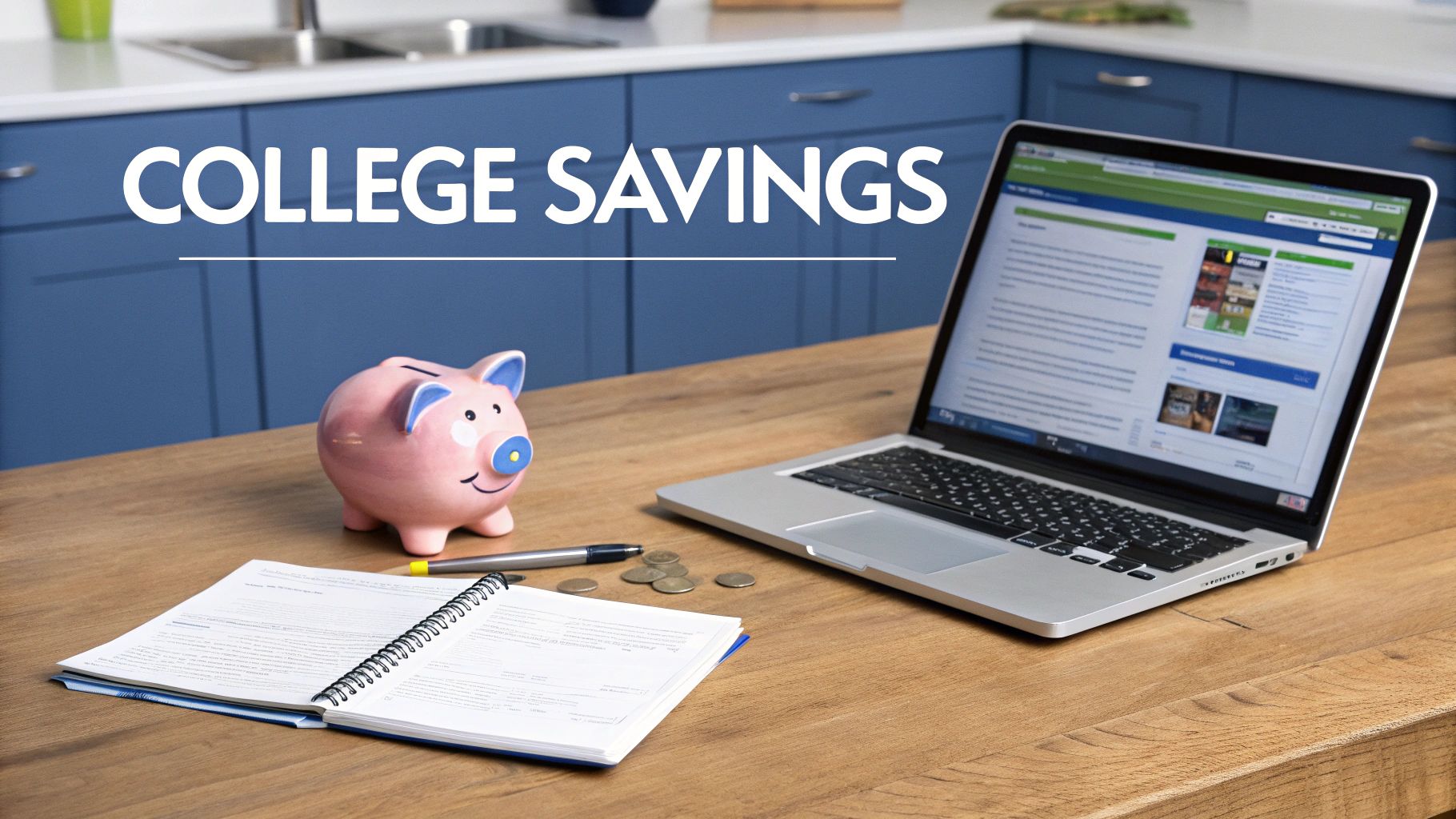 A piggy bank, laptop, and notebook on a wooden desk, illustrating college savings.