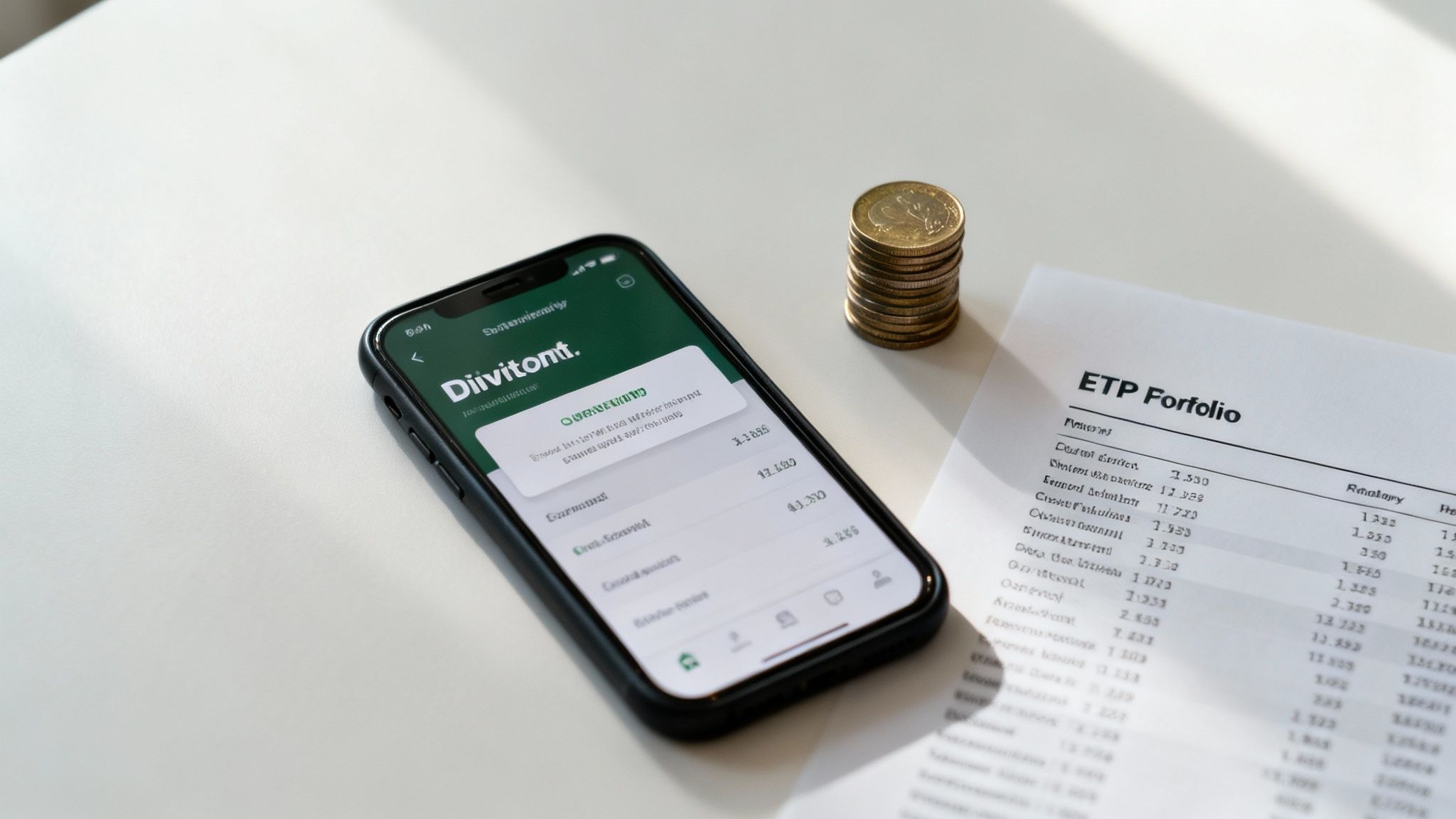 A smartphone displaying a financial app, a stack of coins, and an investment portfolio document.