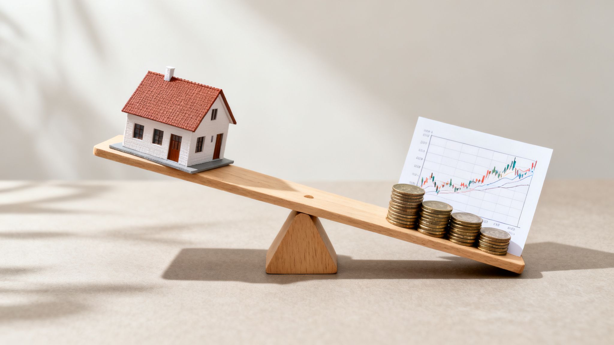 A miniature house on a seesaw, balanced against stacks of coins and a financial chart.