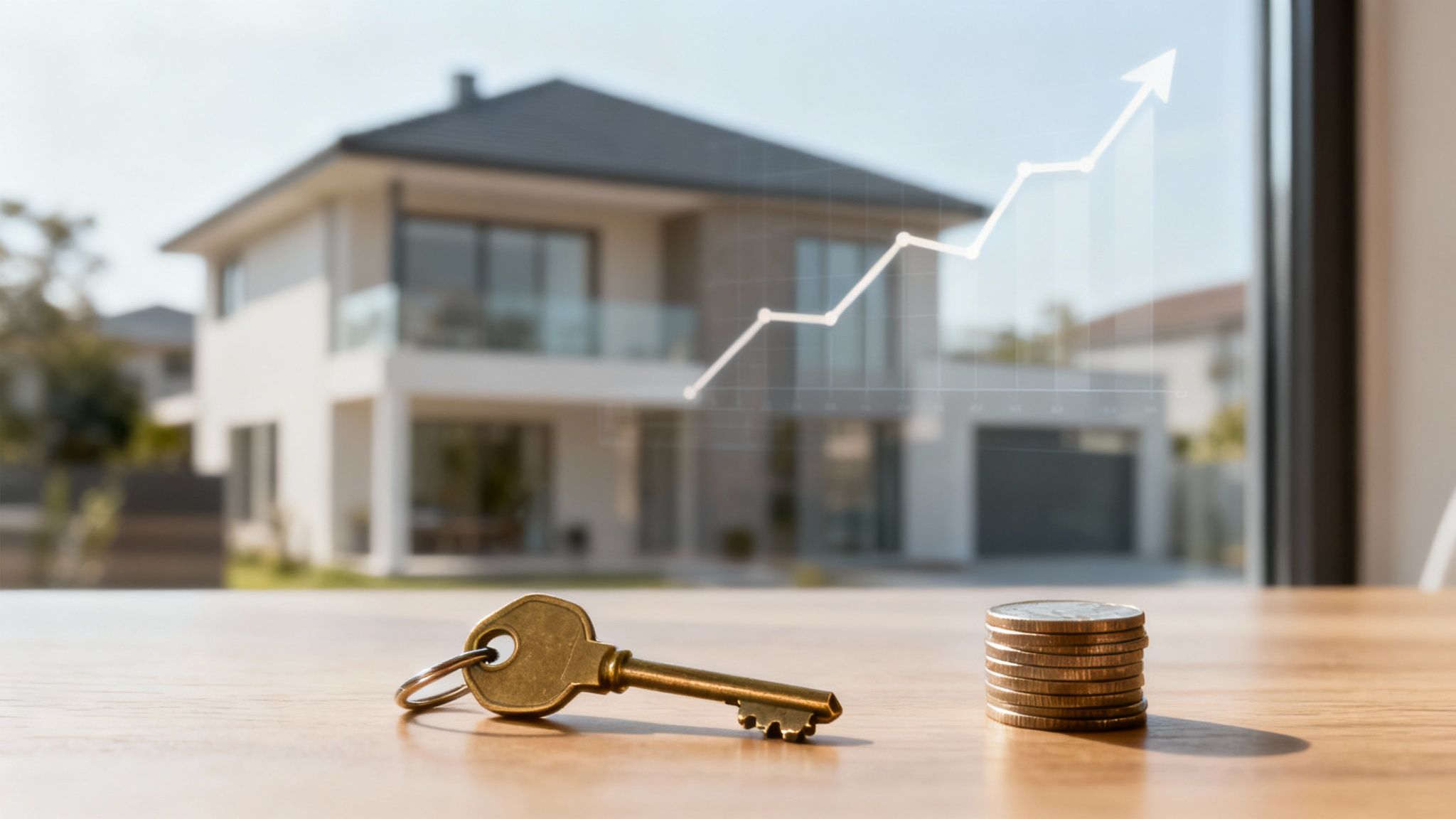A house, a key, and coins on a table with an upward trend graph, symbolizing real estate investment growth.