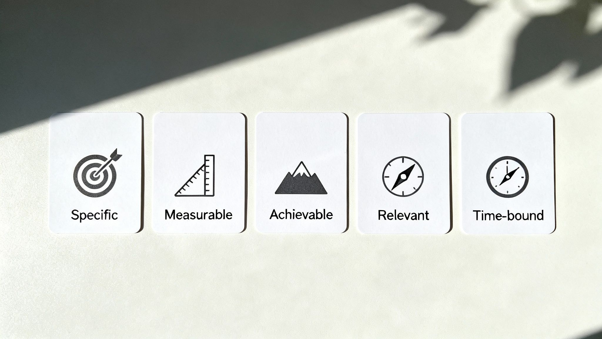 Five white cards illustrating SMART goals: Specific, Measurable, Achievable, Relevant, Time-bound, with corresponding icons.