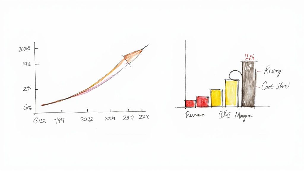 Hand-drawn charts illustrating financial trends, including an exponential growth curve and bar chart for revenue and cost of goods sold margin.