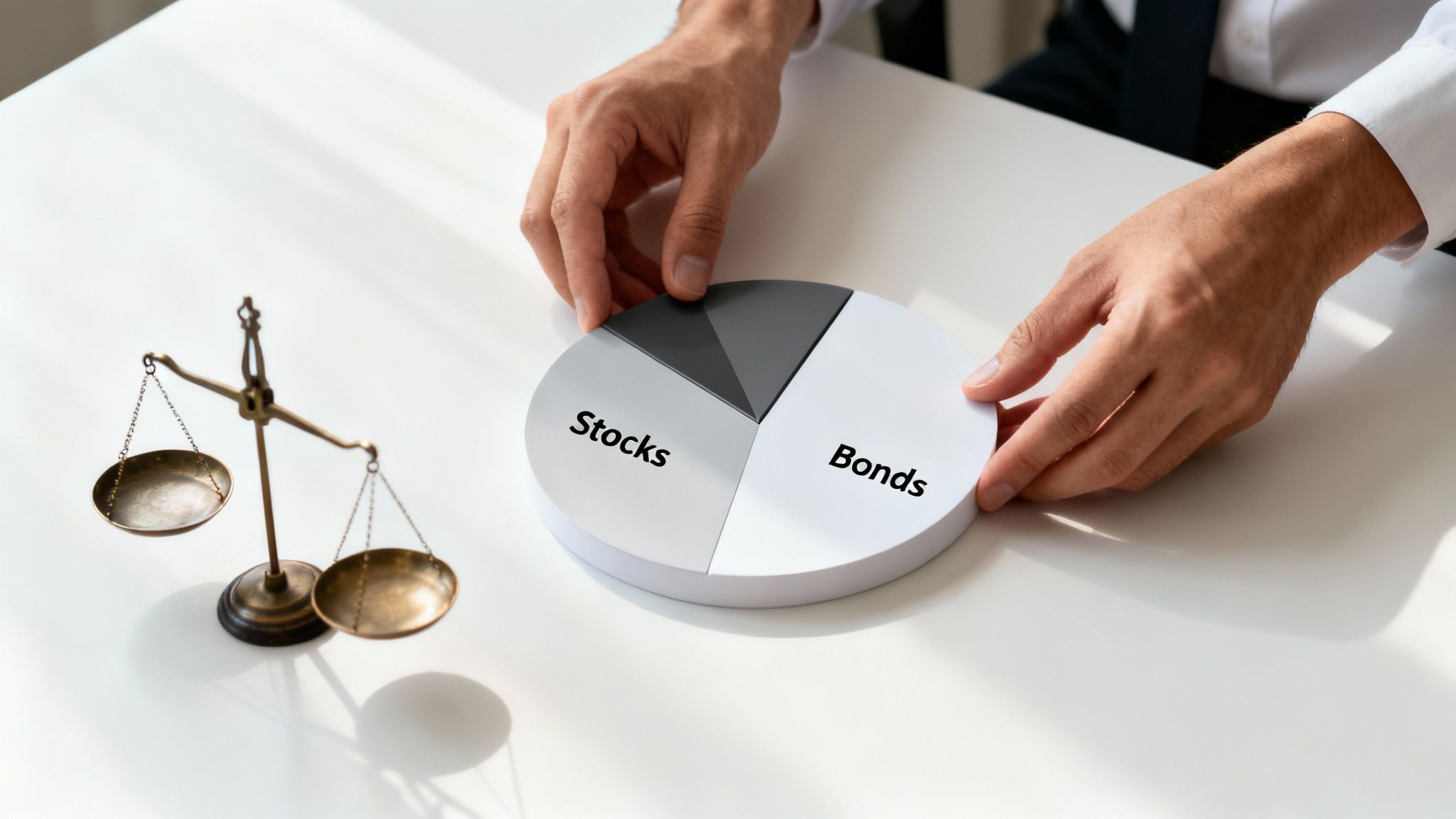 Hands adjusting an investment pie chart showing stocks and bonds with a balance scale.