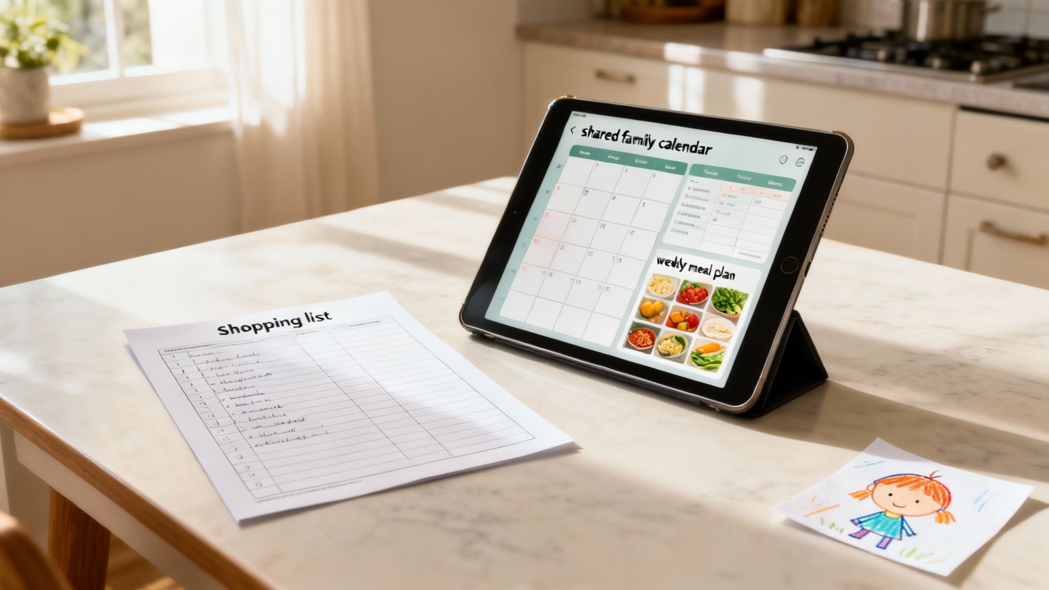 A tablet on a kitchen counter displays a family calendar and meal plan, next to a shopping list and child's drawing.