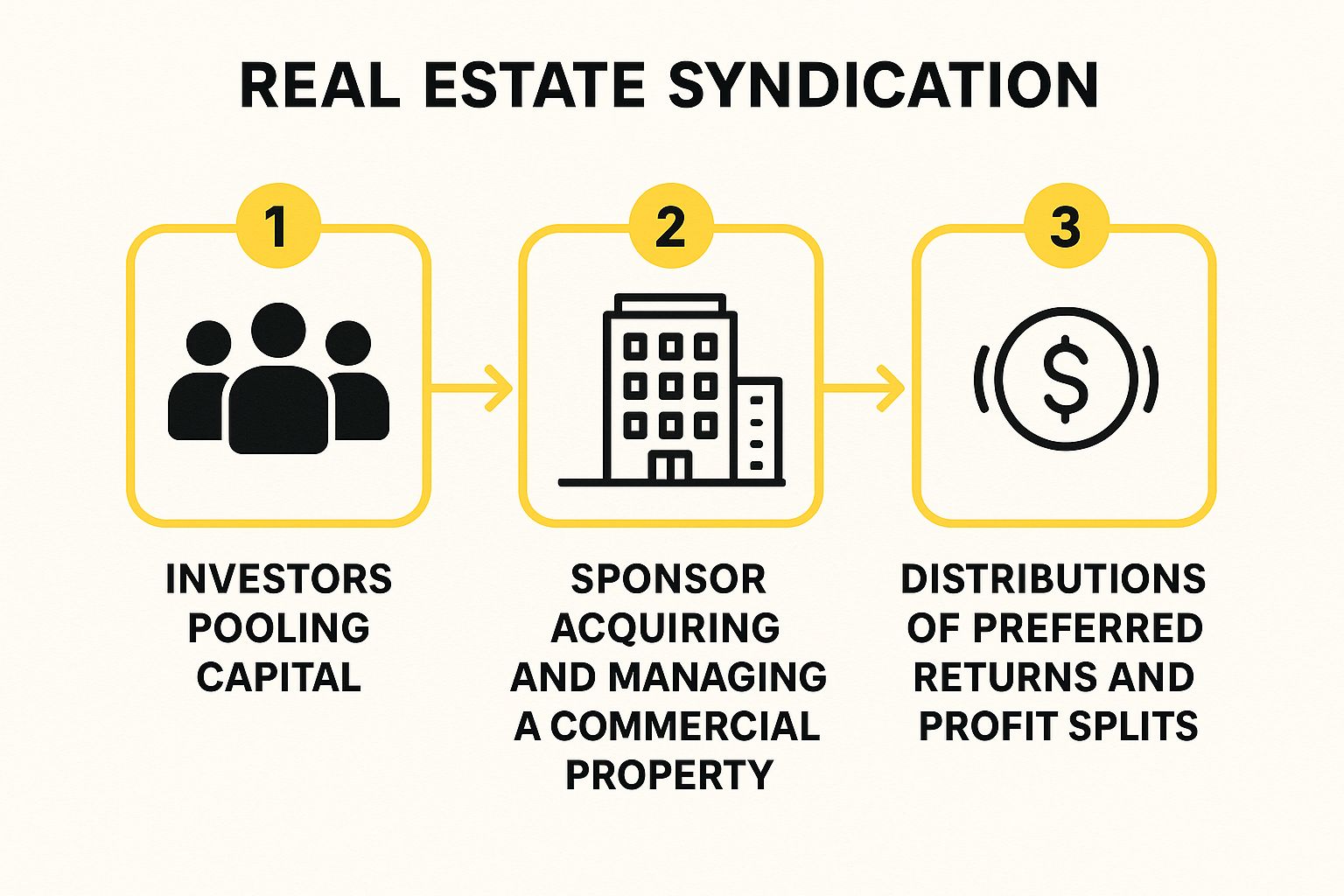Infographic showing the three-step process of real estate syndication, from pooling capital to property acquisition and profit distribution.