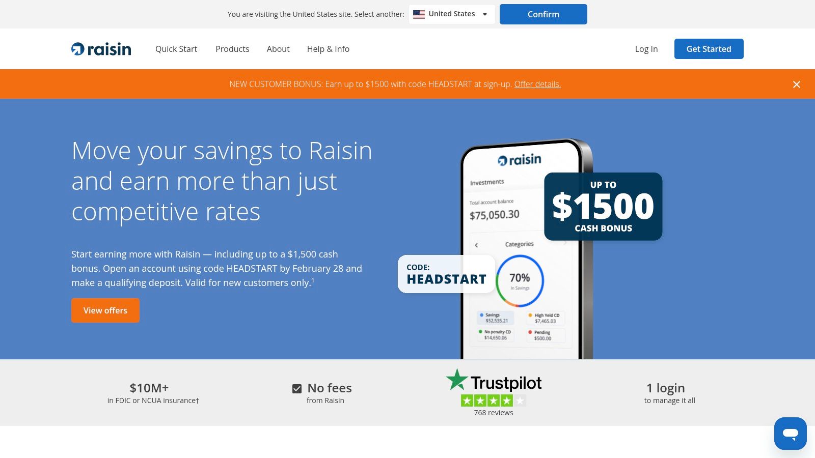 An image of the Raisin (U.S.) website showing a list of partner banks, their savings products, and high-yield APYs.