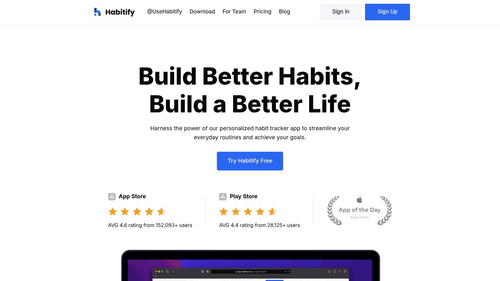 The Habitify app interface showing a list of habits like "Wake up at 5:30," "Read 30 pages," and "Meditate," with completion checkboxes for each day of the week.